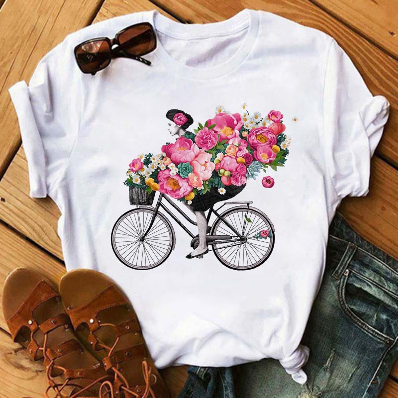 Maycaur New Funny Bicycle with Sunflower Women Tshirt Summer Harajuku Short Sleeve White T Shirts Cartoon Casual Woman Tops Tees