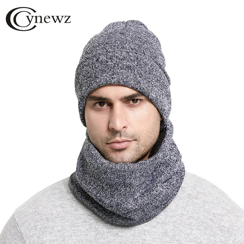 Winter Men Hats Scarf Set Keep Warm Thick Knitted Caps Winter Accessories Male Beanie Scarf Autumn Thicken Hedging Cap