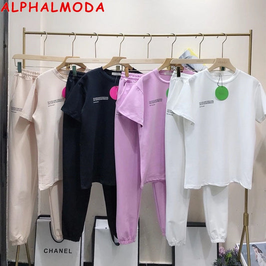 ALPHALMODA Spring New Arrival Short-sleeved Letter Tshirt + Jogger Pants Women 2pcs Fashion Suit