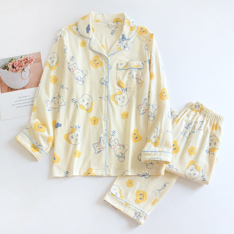 2022 Spring Leaves Printed Women&#39;s Pajama Cotton Plus Size Two-piece Set Brief Fashion Long Sleeve Home Clothes Female Sleepwear