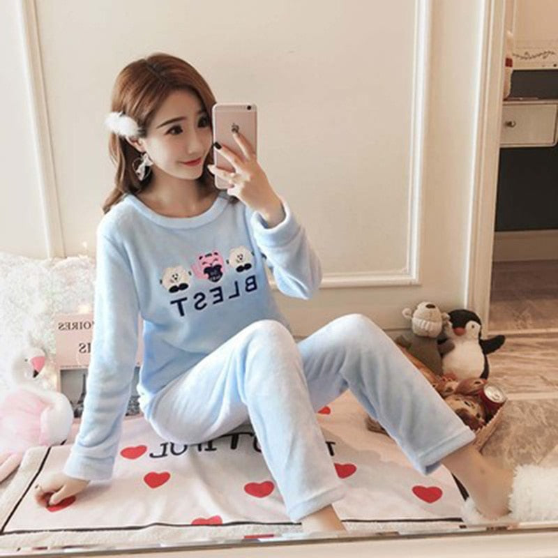 2021 Autumn Winter Pajamas Set Women Sleep Shirt & Pant Set Sleepwear Warm Flannel Nightgown Female Cartoon Bear Animal Pijamas