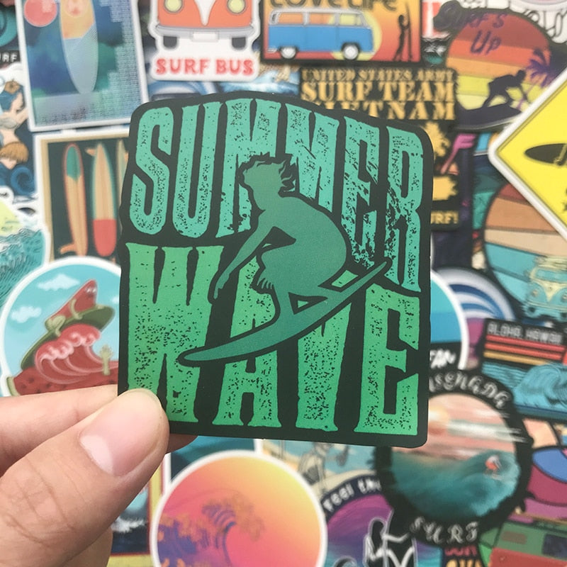 105 PCS Summer Surfing Stickers Beach Travel Graffiti Surf Sticker DIY for Surfboard Laptop Luggage Bicycle Tablet Water Bottle