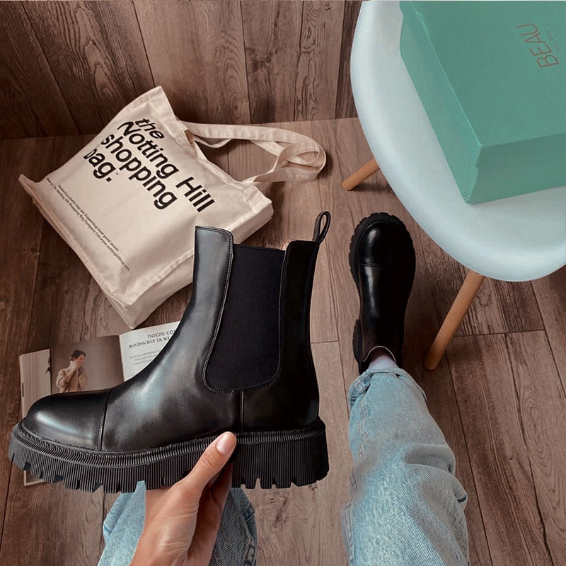 BeauToday Ankle Boots Platform Women Cow Leather Chelsea Boots Round Toe Elastic Band Thick Sole Ladies Shoes Handmade 02379