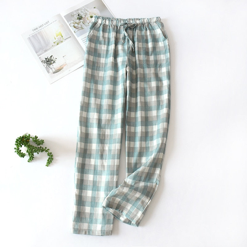 Men&#39;s Cotton Gauze Trousers Plaid Knitted Sleep Pants Woman Pajamas Pants Bottoms Sleepwear Short for Couples Pijama Hombre