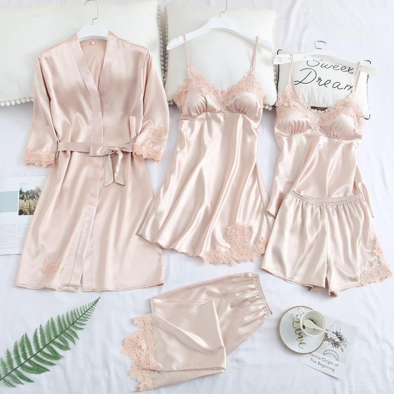 Women Robe Suit Pajamas Nighty&amp;Satin Kimono Bathrobe Gown Nightdress Silky Lace Sleep Set Nightwear Sexy Nightgown