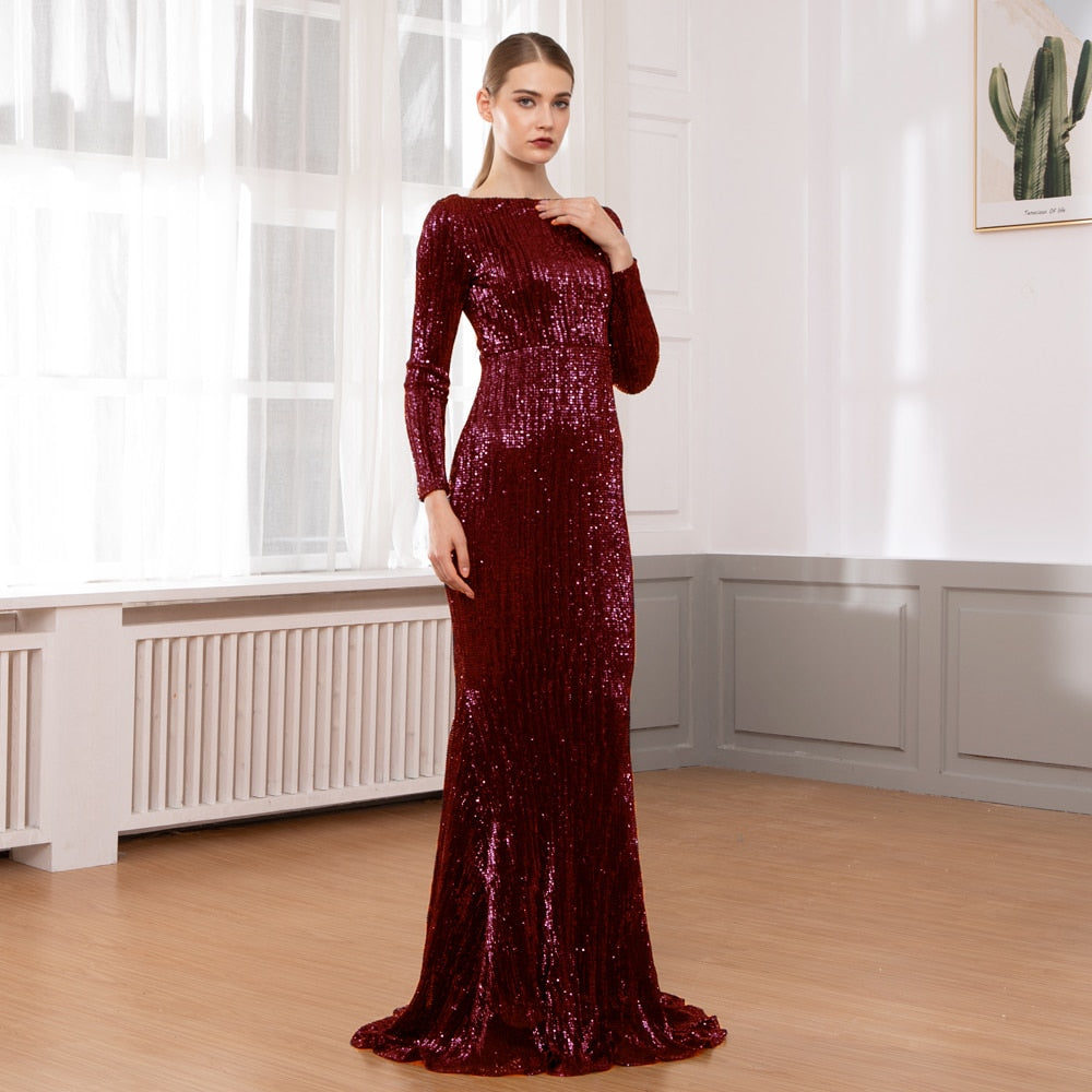 O Neck Full Sleeved Maxi Dress Stretch Sequined Floor Length Evening Party Dress