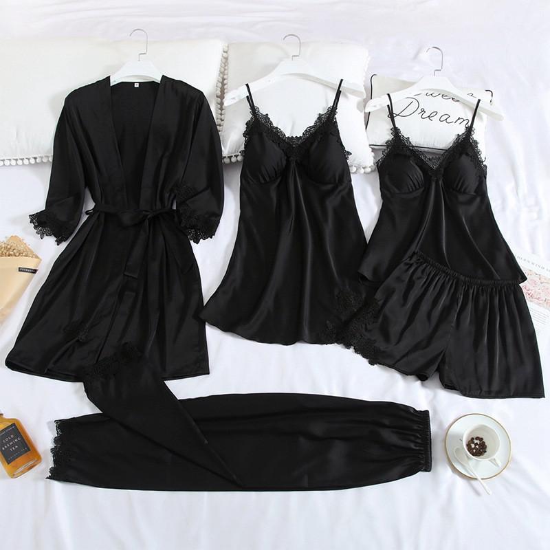 Women Robe Suit Pajamas Nighty&amp;Satin Kimono Bathrobe Gown Nightdress Silky Lace Sleep Set Nightwear Sexy Nightgown