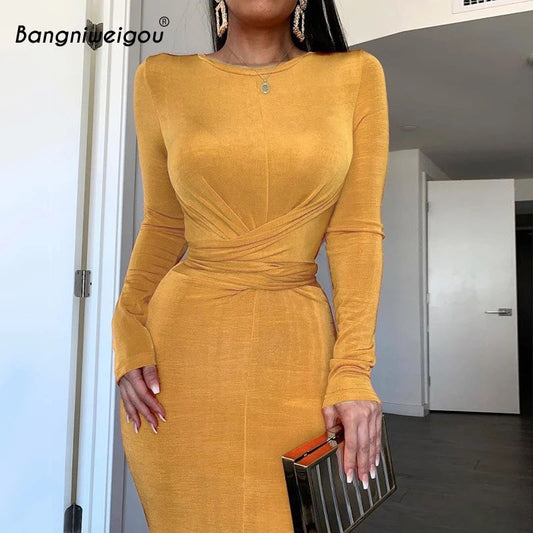 Bangniweigou Ruched Waist Wrap Midi Dress Women Elegant Long Sleeve Bodycon Party Dress Autumn Skinny Robe Femme Sheath