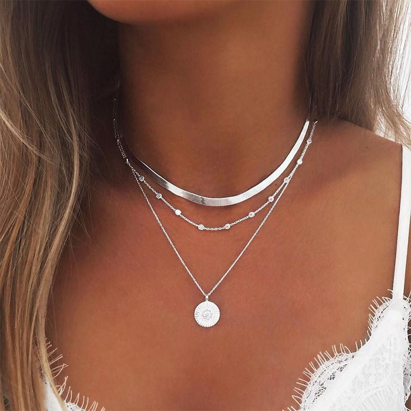 Fashion Layered Necklaces Blade Snake Chain Silver Gold Coin Pendant Necklace Boho Bead Jewelry For Women Girls Party Jewelry