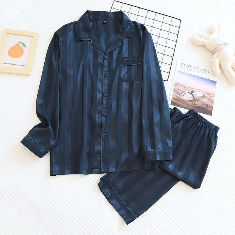 New Couple Pajamas Suit Ice Silk Long-Sleeve Sleepwear Silky Satin Women Home Service Set Femme Pijamas Mujer  Feminino Pyjama