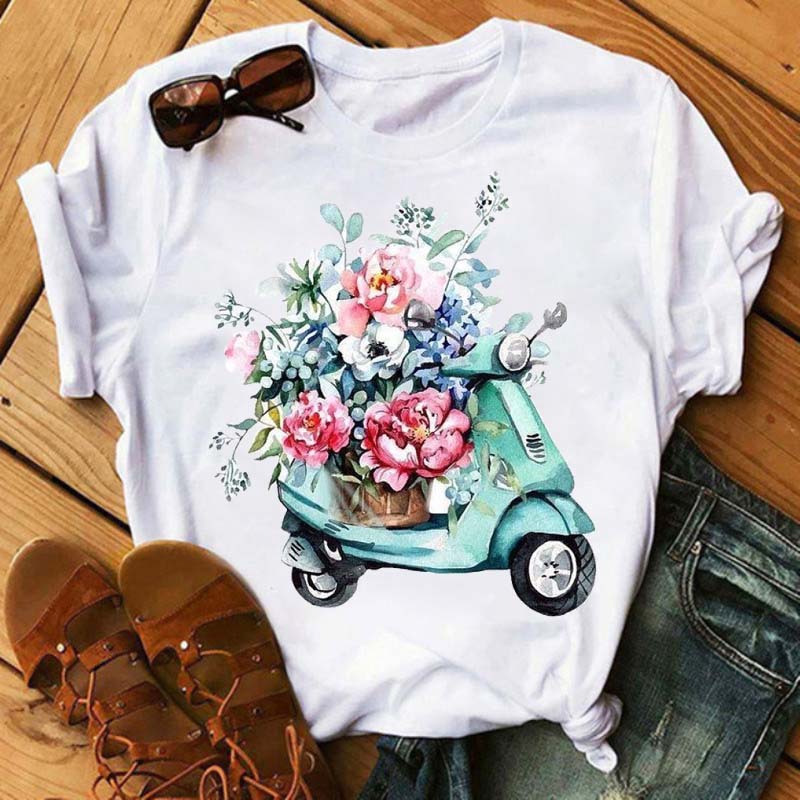 Maycaur New Funny Bicycle with Sunflower Women Tshirt Summer Harajuku Short Sleeve White T Shirts Cartoon Casual Woman Tops Tees