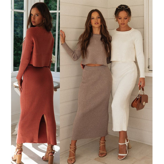 Knitted 2 Pieces Set Women Pullovers Sweater Crop Tops & Knitted Skirts Bodycon Office Lady Skirts 2PCS Suits 2022 Winter Cloth