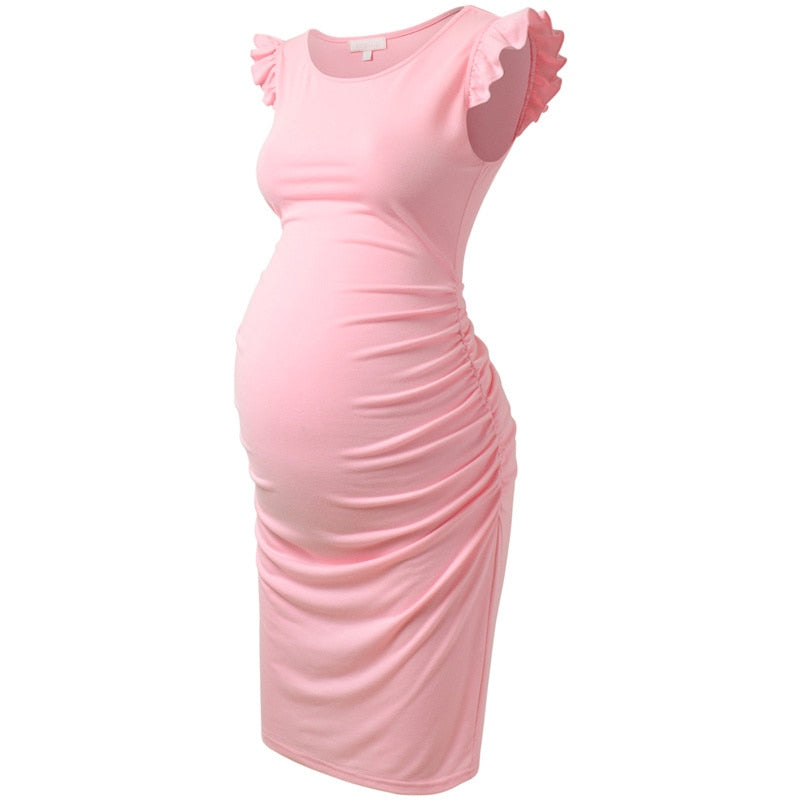 Maternity Dresses Summer Stretchy Flying Sleeve Ruched Side Baby Shower Bodycon Pregnancy Dress Clothes for Pregnant Women