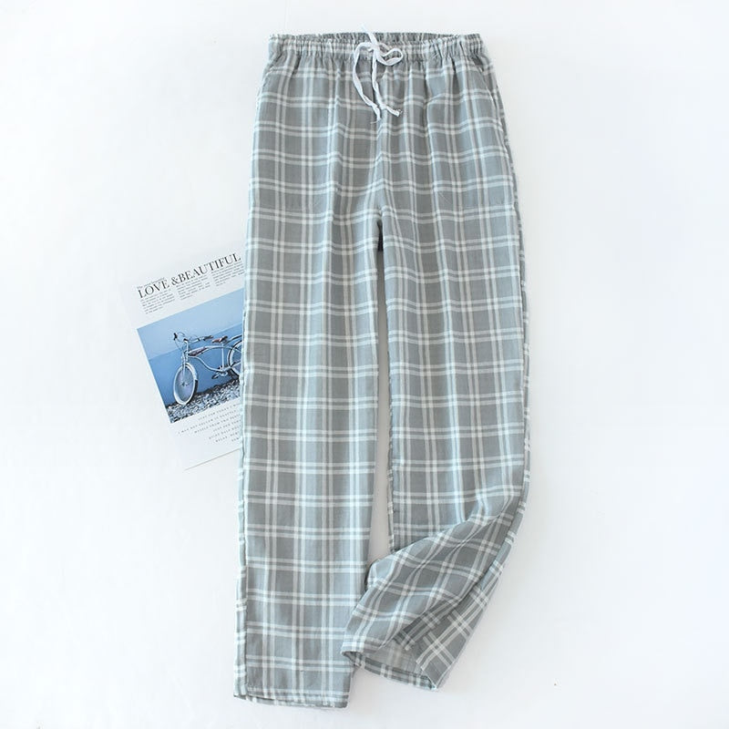 Men&#39;s Cotton Gauze Trousers Plaid Knitted Sleep Pants Woman Pajamas Pants Bottoms Sleepwear Short for Couples Pijama Hombre