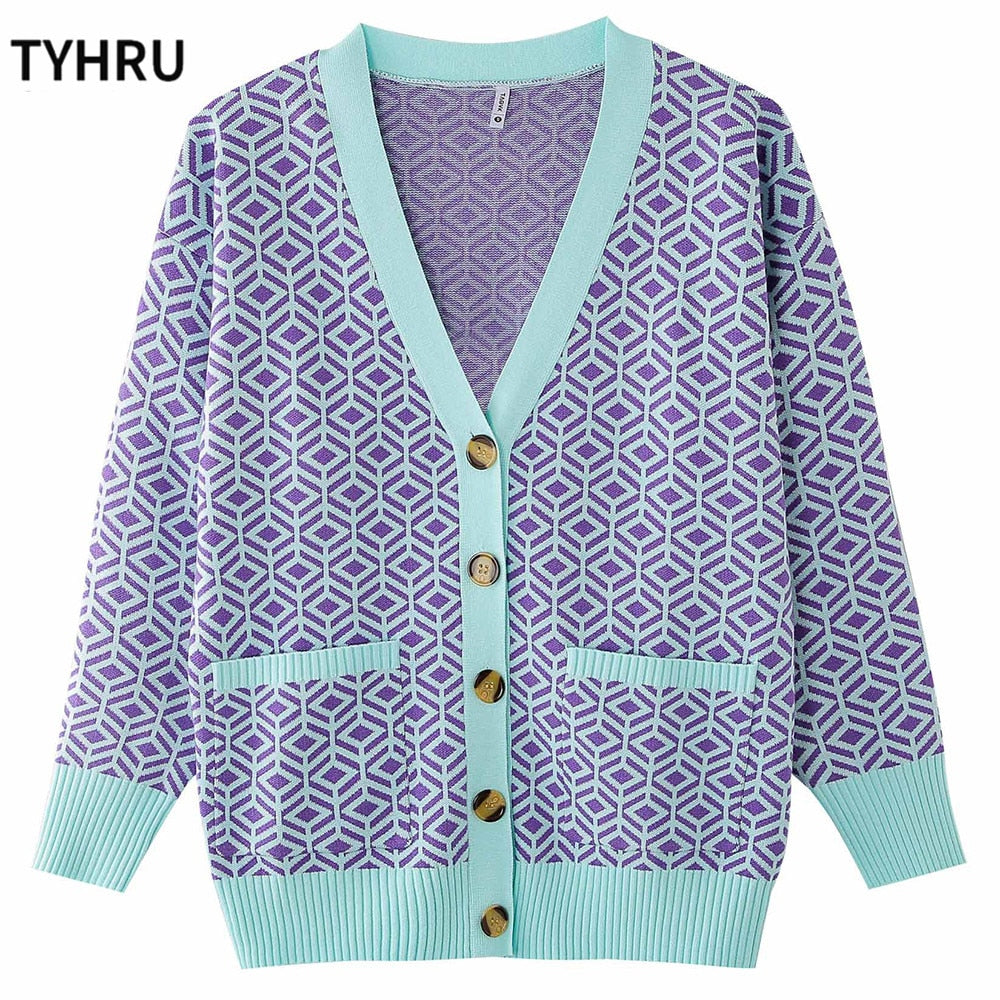 TYHRU Women&#39;s Knitting Sweater Color Matching Diamond Lattice Single-Breasted Buttons Loose Casual Knitted Cardigan Sweaters