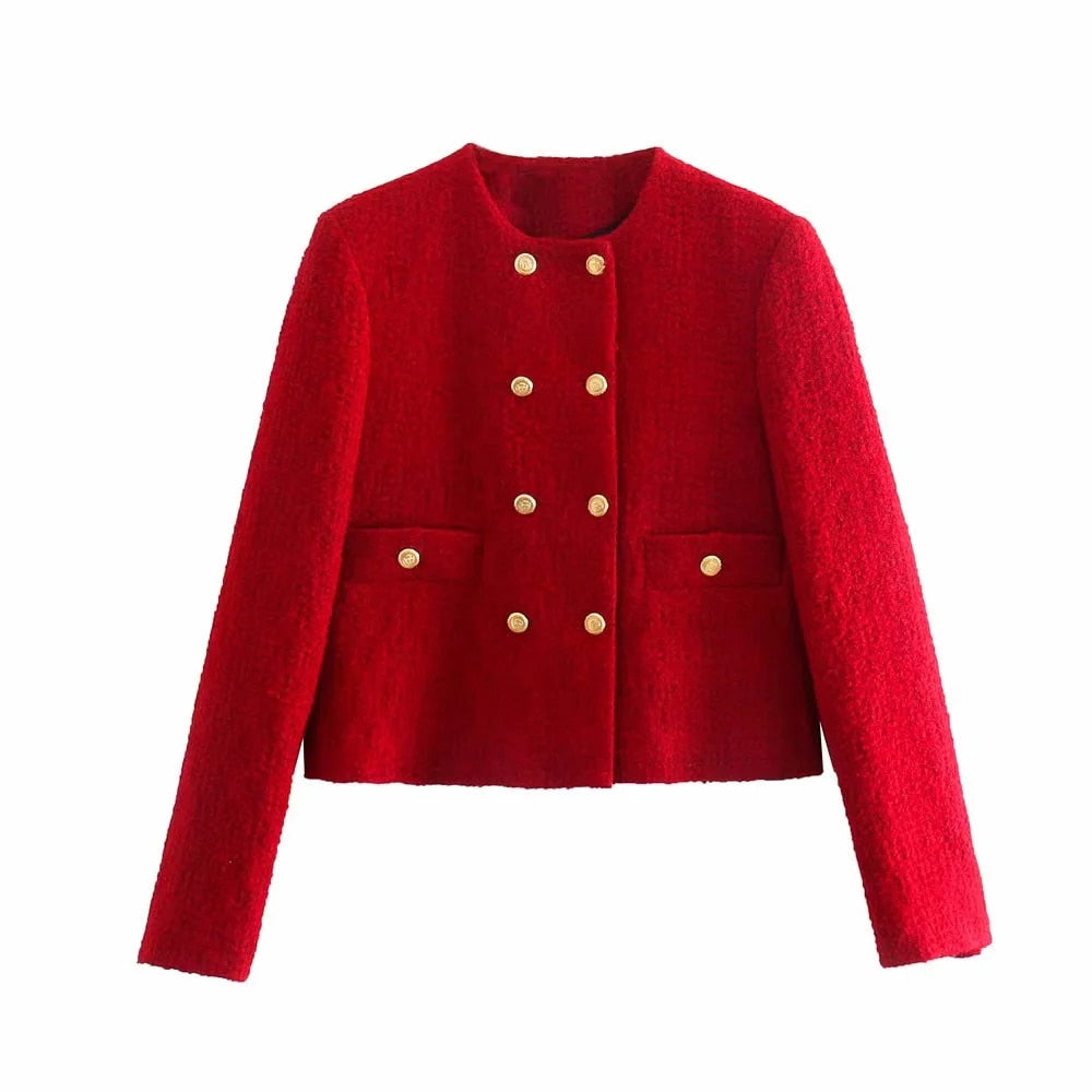 xikom Tweed Two pieces set Women red Vintage O Neck Long Sleeve Office Lady slim Blazer Coat Female Hight Waist skirt suit