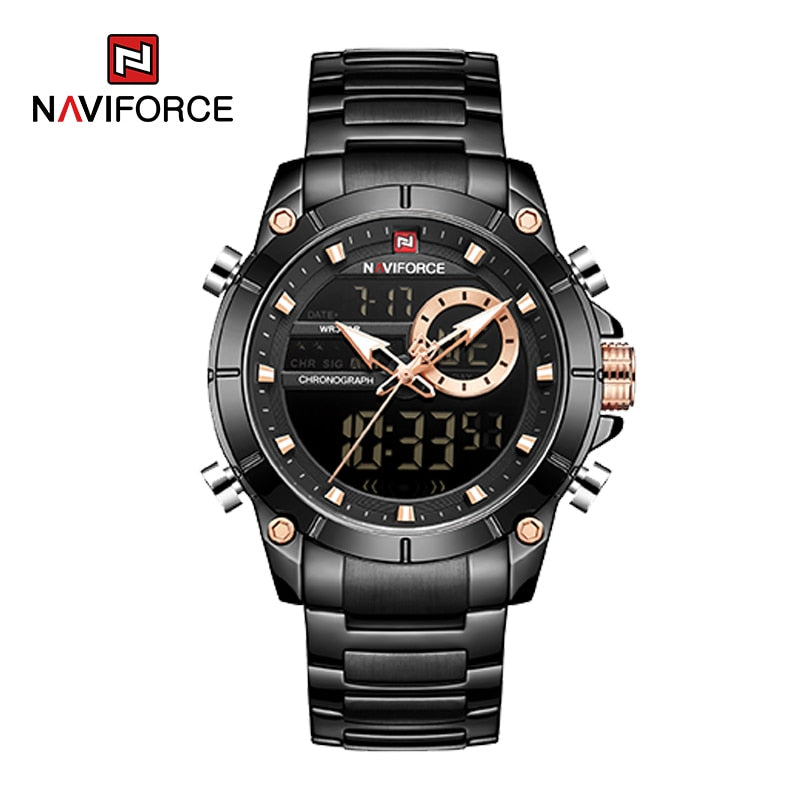 NAVIFORCE Luxury Original Sports Wrist Watch For Men Gold Quartz Steel Waterproof Dual Display Watches Relogio Masculino 9163