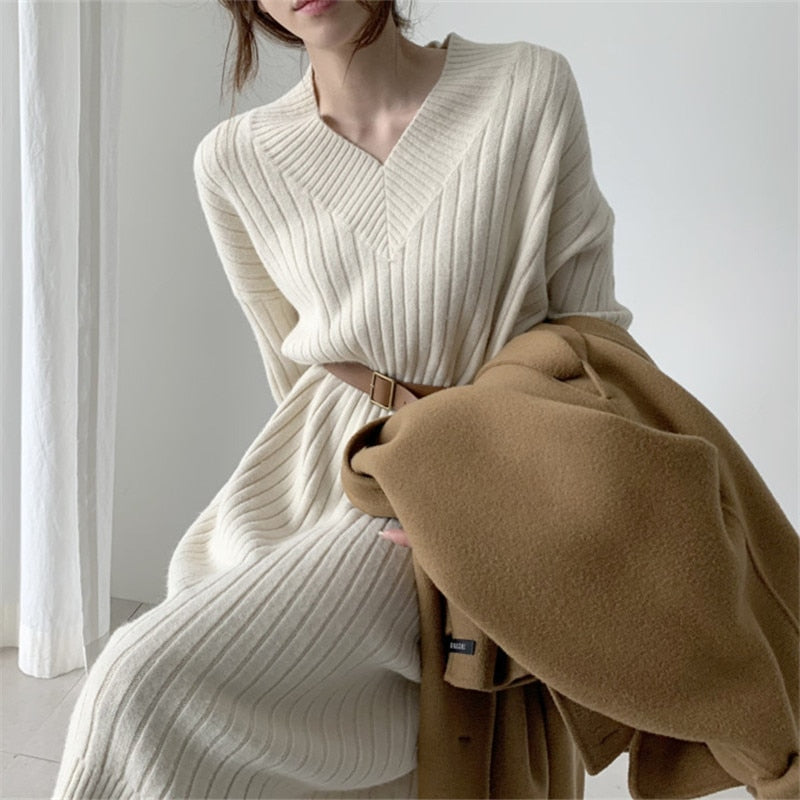 2020 New Autumn Sweater Women Dress Winter Long Sleeve Sweaters Knitted Dresses Womens Loose Maxi Oversize Knitting Robe Vestido