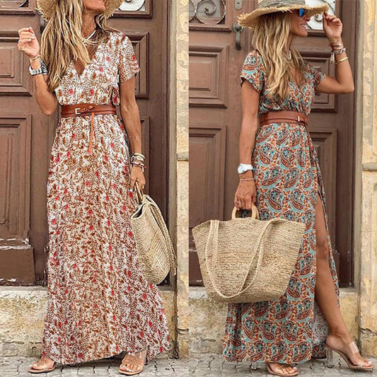 HOT SALE!! Boho Women V Neck Short Sleeve Paisley Print Belt Large Hem Beach Long Dress print dress summer beach dress with belt