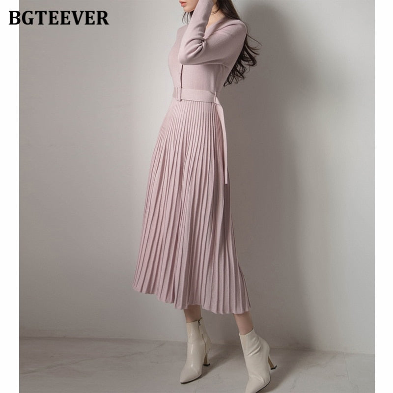 BGTEEVER Elegant V-neck Single-breasted Women Thicken Sweater Dress Autumn Winter Knitted Belted Female A-line soft dresses