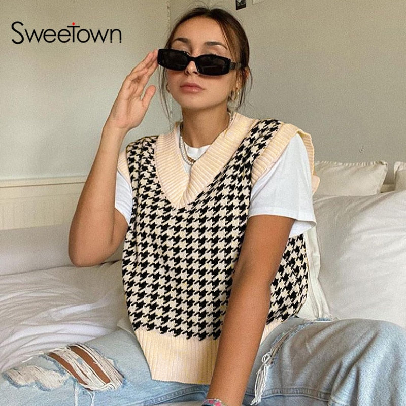 Sweetown Houndstooth Knitted Oversized Womens Sweater Vest Vintage Preppy Style Clothes V Neck Casual Loose 90s Knitwear Autumn