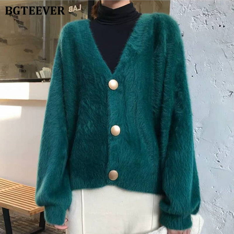 BGTEEVER Elegant Loose Women Knitted Cardigans Lantern Sleeve Mohair Sweater Jumpers 2020 Autumn winter Female Cardigan Jacket