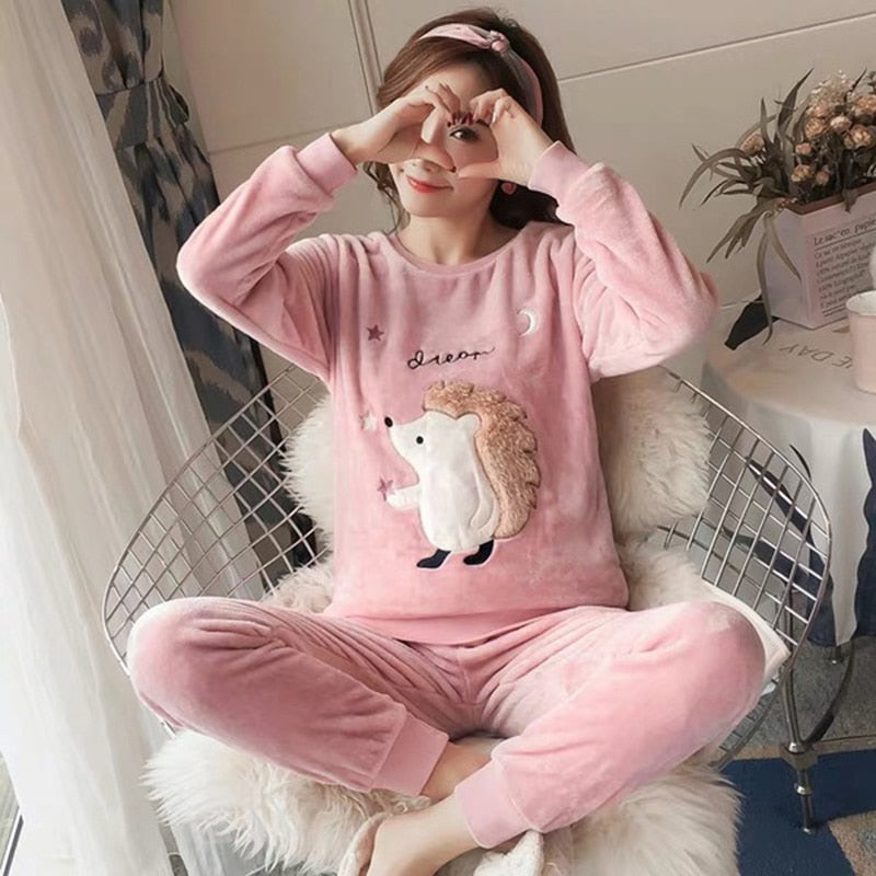 2021 Autumn Winter Pajamas Set Women Sleep Shirt & Pant Set Sleepwear Warm Flannel Nightgown Female Cartoon Bear Animal Pijamas