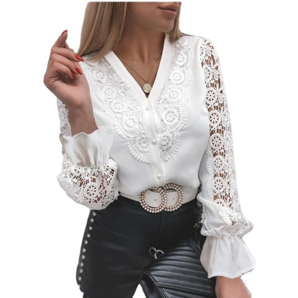 Women Sexy Lace Patchwork Hollow Out Shirt Blouse Long Sleeve O-Neck Mesh Design Tops 2022 Spring White Vintage Button Shirts