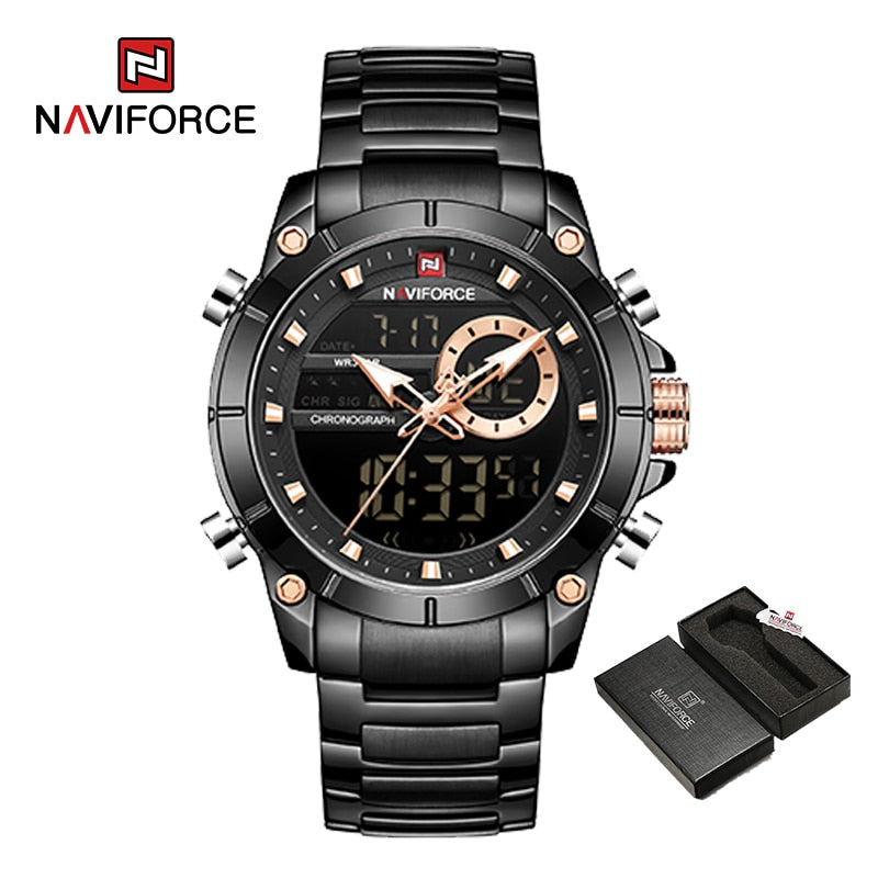 NAVIFORCE Luxury Original Sports Wrist Watch For Men Gold Quartz Steel Waterproof Dual Display Watches Relogio Masculino 9163