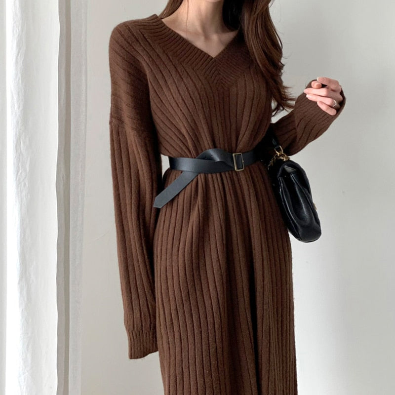 2020 New Autumn Sweater Women Dress Winter Long Sleeve Sweaters Knitted Dresses Womens Loose Maxi Oversize Knitting Robe Vestido