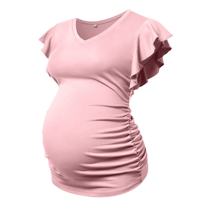 Maternity T-shirt Summer Pregnancy Women Tunic Tops Soft Tees Flying Sleeve Side Ruched T Shirts Cute Pregnant Clothes