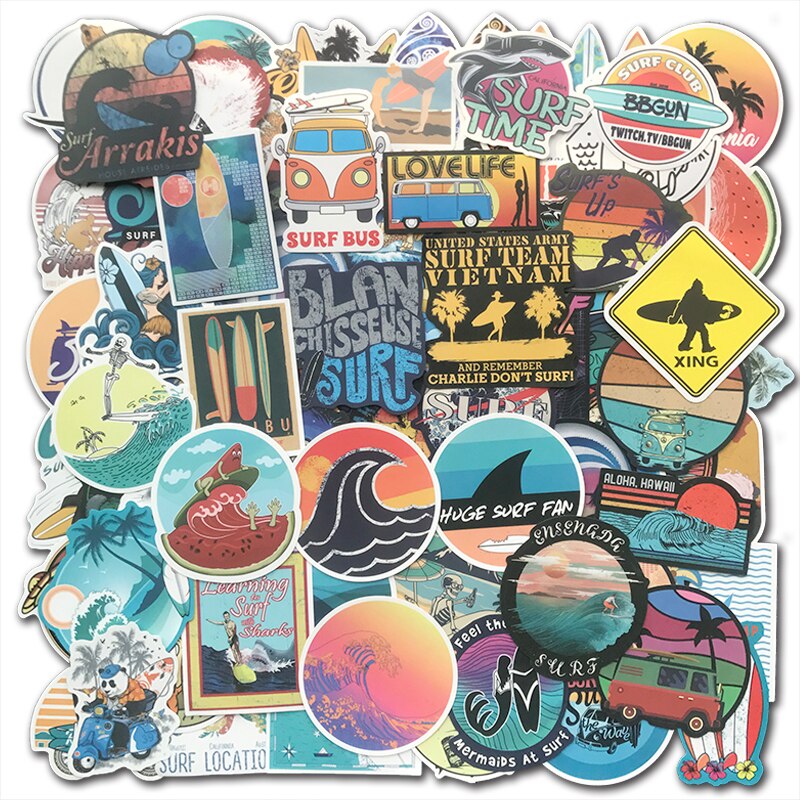 105 PCS Summer Surfing Stickers Beach Travel Graffiti Surf Sticker DIY for Surfboard Laptop Luggage Bicycle Tablet Water Bottle