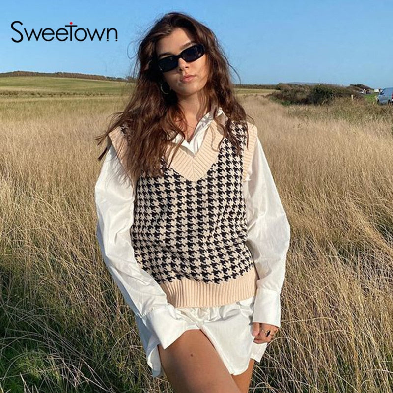 Sweetown Houndstooth Knitted Oversized Womens Sweater Vest Vintage Preppy Style Clothes V Neck Casual Loose 90s Knitwear Autumn