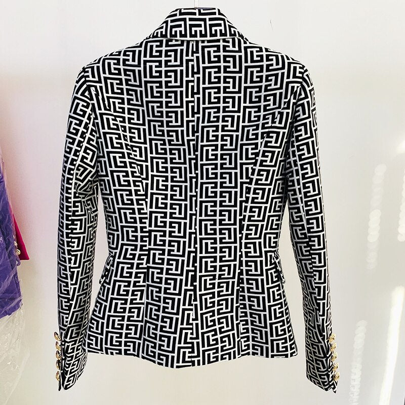 HIGH STREET Newest Designer Jacket Women&#39;s Double Breasted Lion Buttons Geometrical Jacquard Blazer