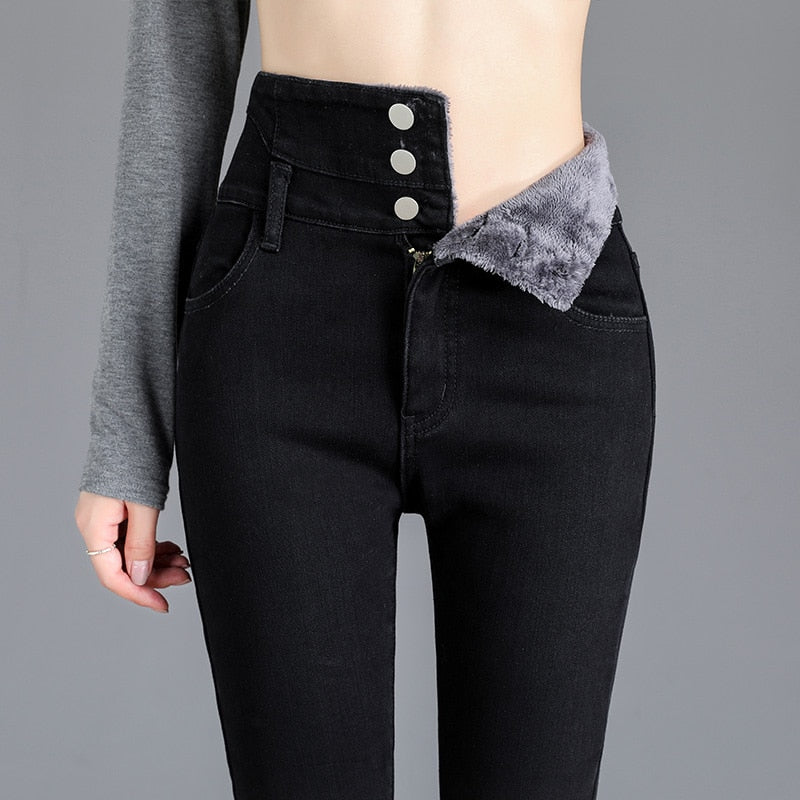 High-quality Winter Thick Fleece High-waist Warm Skinny Jeans Thick Women Stretch Button Pencil Pants Mom Casual Velvet Jeans