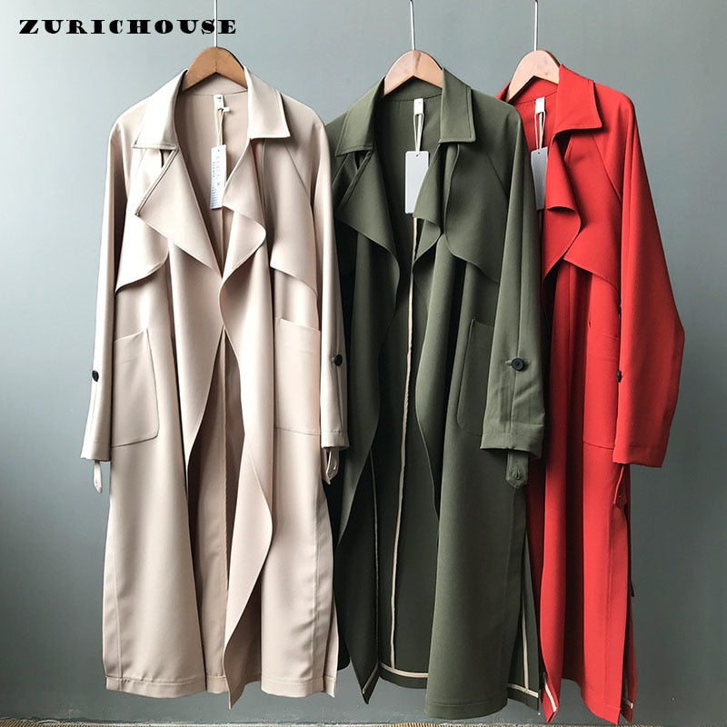 ZURICHOUSE UK Style Vintage Elegant Women&#39;s Windbreaker With Belt Fashion Split Long Overcoat Female Casual Chic Trench Coat