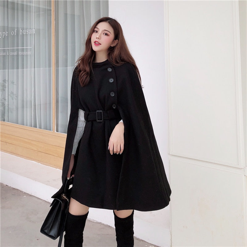 2022 Autumn High Quality Woolen Cloth Shawl Cape Poncho With Belt Women Mid-length Korean Sleeveless Casual Ladies Cape Coats