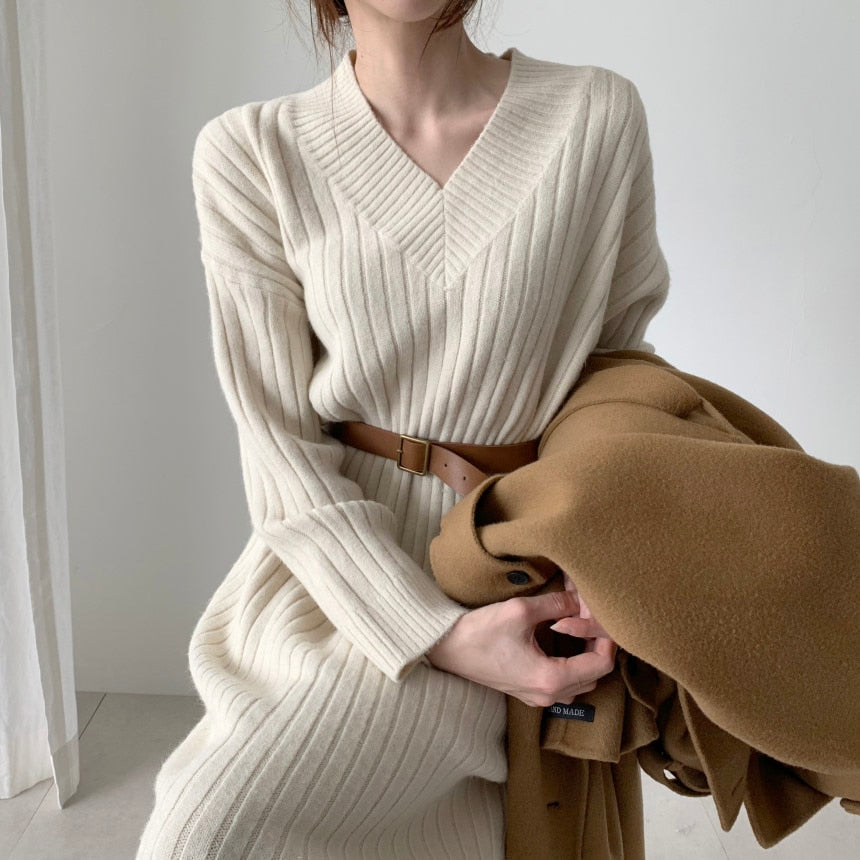 2020 New Autumn Sweater Women Dress Winter Long Sleeve Sweaters Knitted Dresses Womens Loose Maxi Oversize Knitting Robe Vestido