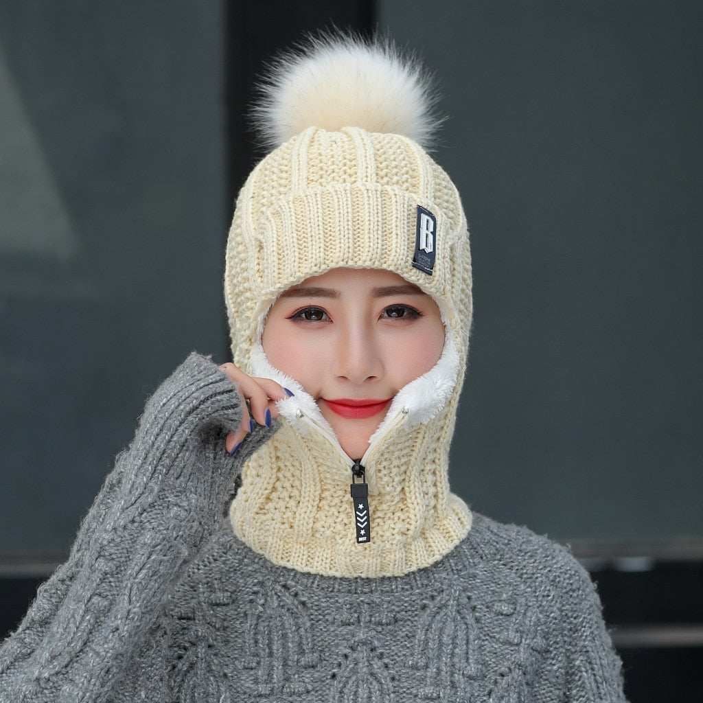 Coral Fleece Winter Women Knitted Hats Add Fur Warm Winter Hats For Women With Zipper Keep Face Warmer Balaclava Pompoms Cap