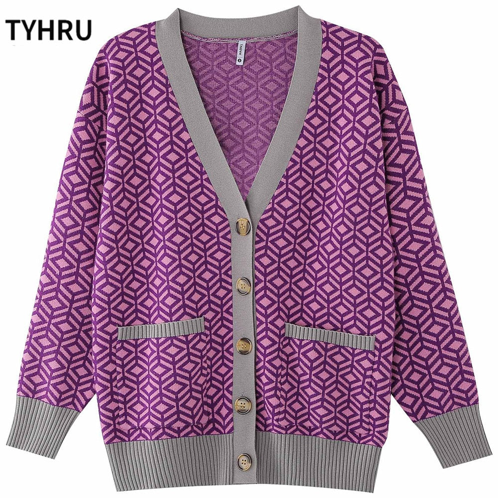 TYHRU Women&#39;s Knitting Sweater Color Matching Diamond Lattice Single-Breasted Buttons Loose Casual Knitted Cardigan Sweaters