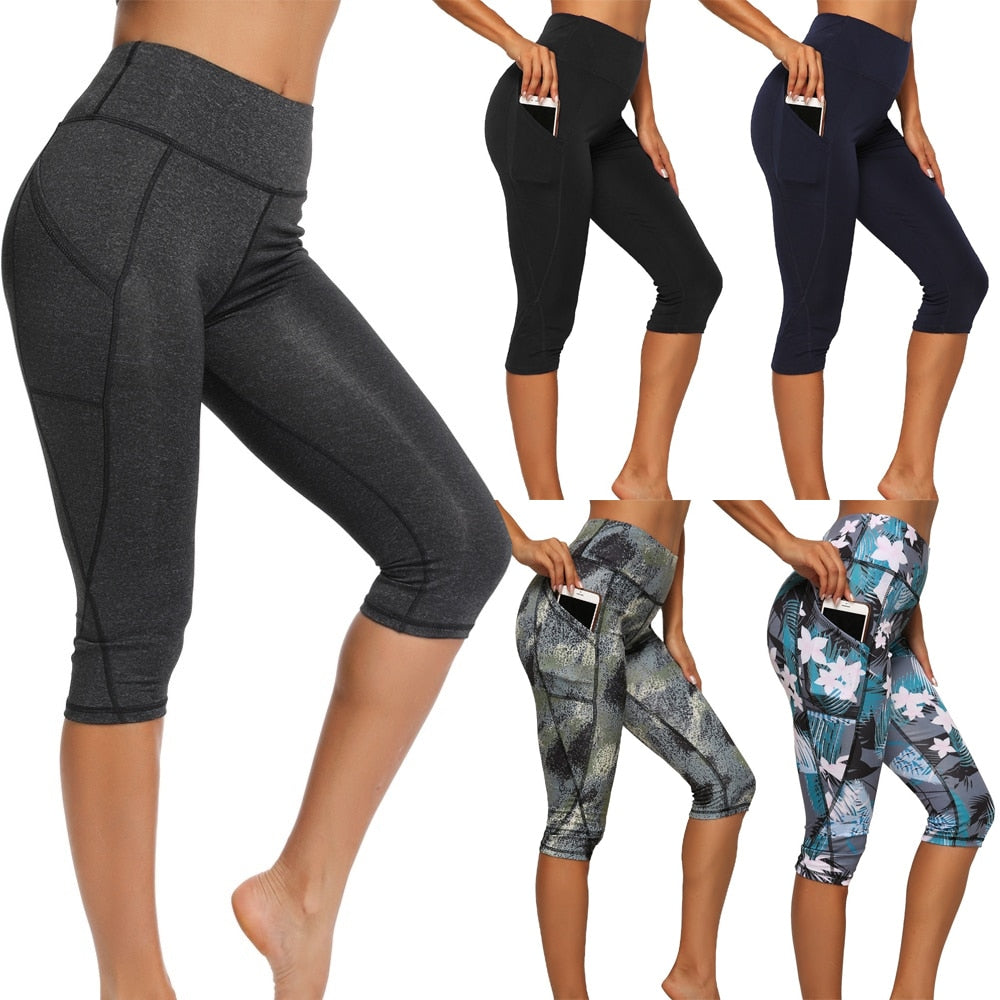 Women&#39;s Sports Pants 3/4 Gym Sport Woman Tights Casual Cropped Female Leggings For Fitness Women Yoga Pants with Side Pockets