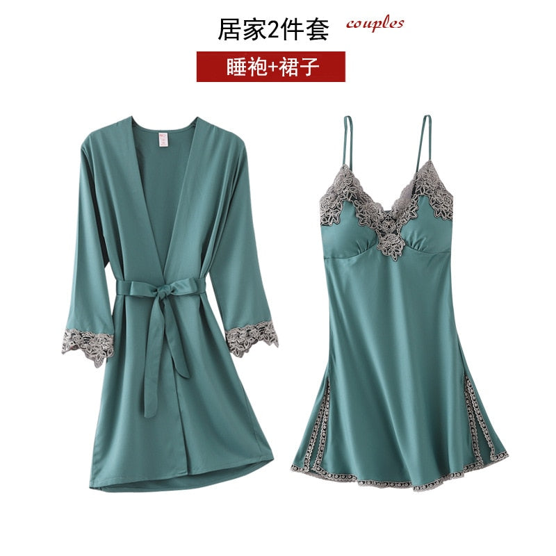 5PC Silk Robe Sleep Suit Womens Lace Satin Pajamas Gown Set V-Neck Cami Nighties Wear Pijama Home Nightwear Spring Nightdress