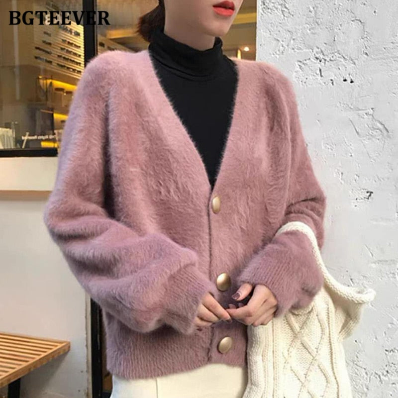 BGTEEVER Elegant Loose Women Knitted Cardigans Lantern Sleeve Mohair Sweater Jumpers 2020 Autumn winter Female Cardigan Jacket