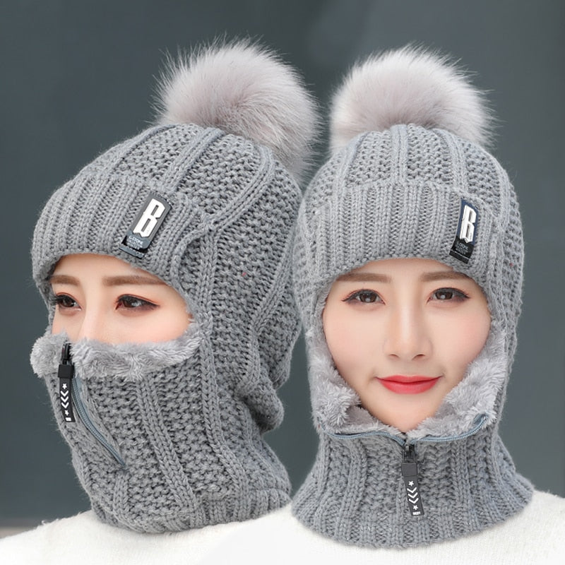 Coral Fleece Winter Women Knitted Hats Add Fur Warm Winter Hats For Women With Zipper Keep Face Warmer Balaclava Pompoms Cap