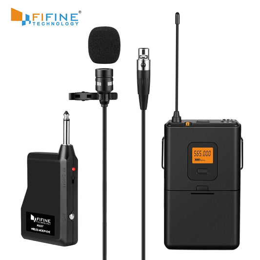 Fifine 20-Channel UHF Wireless Lavalier Lapel Microphone System with Bodypack Transmitter, Mini  Lapel Mic &amp; Portable Receiver