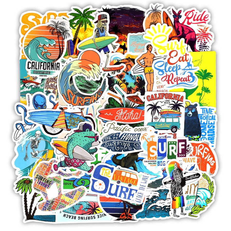 50 PCS Outdoor Surf Stickers Tropical Beach Travel Summer Sports Vsco Girl Sticker to DIY Surfboard Skateboard Laptop Car Decals