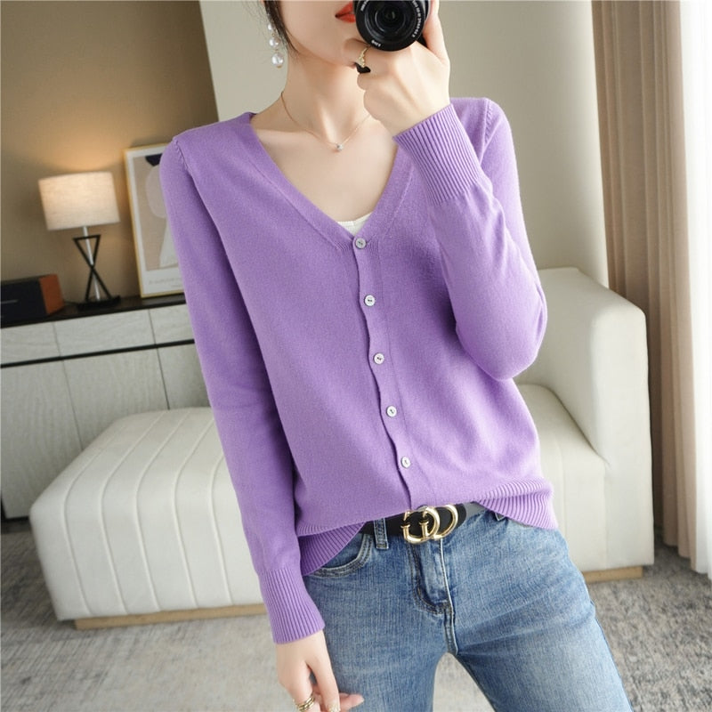 Spring Autumn New V-Neck Knitted Cardigan Women&#39;s Loose Large Size Thin Sweater All-Match Jacket Pure Color Basic Small Cardigan