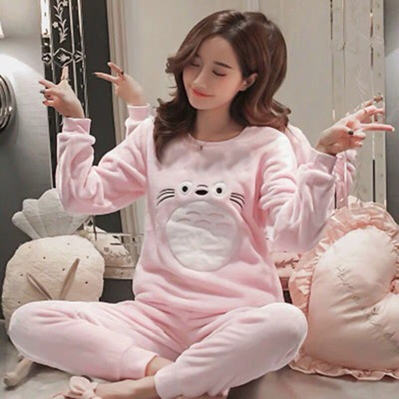 2021 Autumn Winter Pajamas Set Women Sleep Shirt & Pant Set Sleepwear Warm Flannel Nightgown Female Cartoon Bear Animal Pijamas