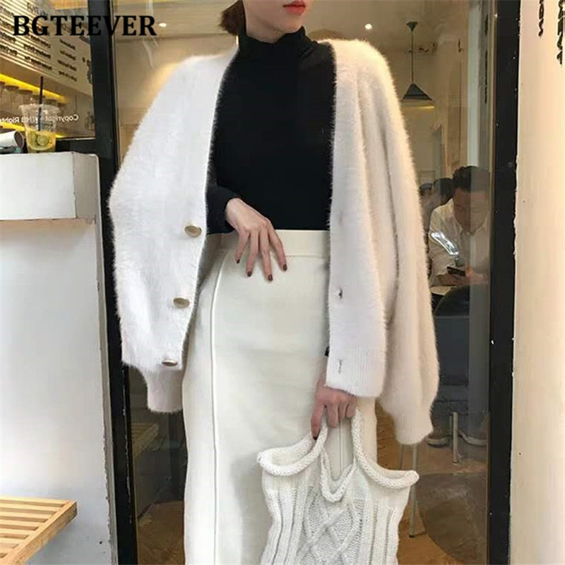 BGTEEVER Elegant Loose Women Knitted Cardigans Lantern Sleeve Mohair Sweater Jumpers 2020 Autumn winter Female Cardigan Jacket