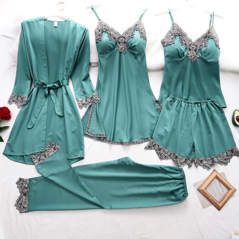 Women Robe Suit Pajamas Nighty&amp;Satin Kimono Bathrobe Gown Nightdress Silky Lace Sleep Set Nightwear Sexy Nightgown